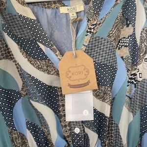 Blue Multi-color quilt like pattern asymmetrical dress.